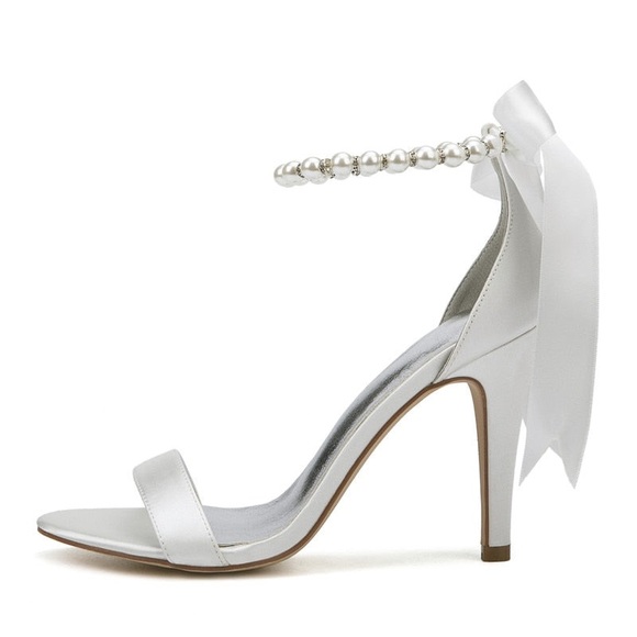 Open Toe Pearl Strap Satin Bridal Sandals - Picture 2 of 4